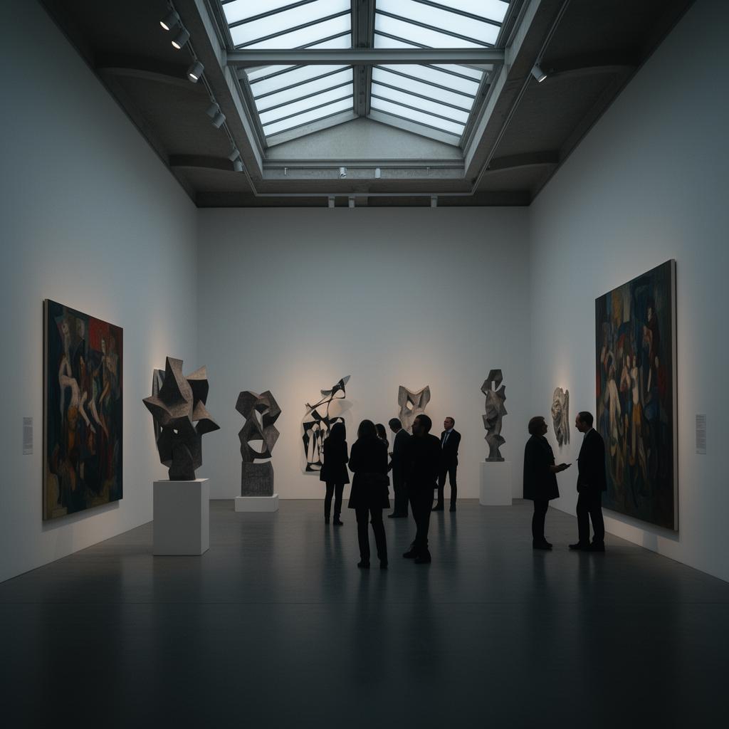 Galerie d'art contemporain à la Biennale de Venise avec visiteurs admirant les sculptures