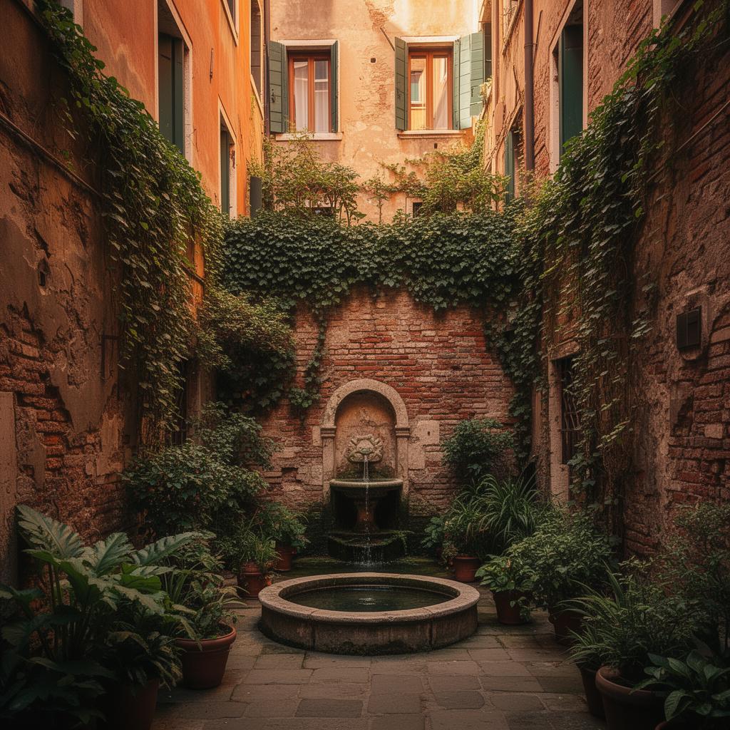Cour cachée à Venise Dorsoduro avec fontaine et végétation